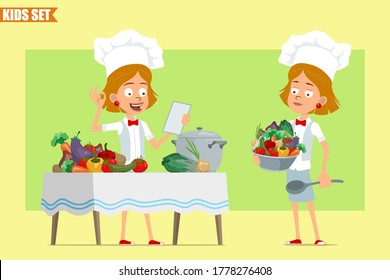 Cartoon flat funny little chef cook girl character in white uniform and baker hat. Kid reading note and cooking food from vegetables. Ready for animation. Isolated on olive background. Vector set.