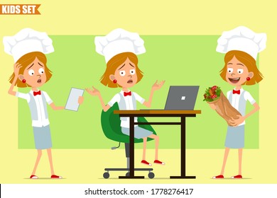 Cartoon flat funny little chef cook girl character in white uniform and baker hat. Kid working on laptop and carrying kebab shawarma. Ready for animation. Isolated on olive background. Vector set.