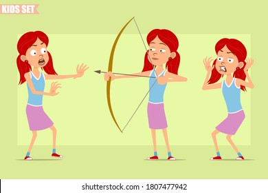 Cartoon flat funny little redhead girl character in violet skirt. Kid angry, scared and shooting from bow. Ready for animation. Isolated on green background. Vector set.