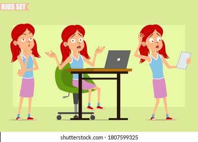 Cartoon flat funny little redhead girl character in violet skirt. Kid thinking, working on laptop and reading paper note. Ready for animation. Isolated on green background. Vector set.