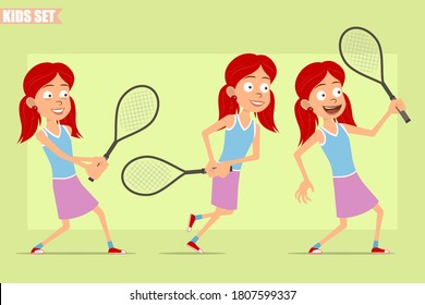 Cartoon flat funny little redhead girl character in violet skirt. Kid posing and running with tennis racket. Ready for animation. Isolated on green background. Vector set.