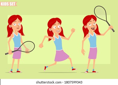Cartoon flat funny little redhead girl character in violet skirt. Kid running and standing with tennis racket. Ready for animation. Isolated on green background. Vector set.