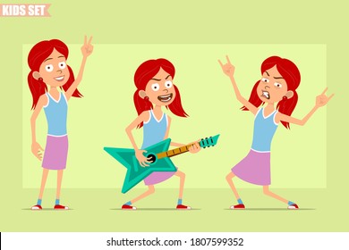 Caricatura plana graciosa pequeña niña pelirroja con falda violeta. Niño tocando guitarra y mostrando rock y roll, señal de paz. Listo para la animación. Aislado sobre un fondo verde. Conjunto de vectores.