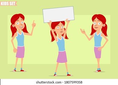 Cartoon flat funny little redhead girl character in violet skirt. Kid standing, thinking and holding blank white sign for text. Ready for animation. Isolated on green background. Vector set.