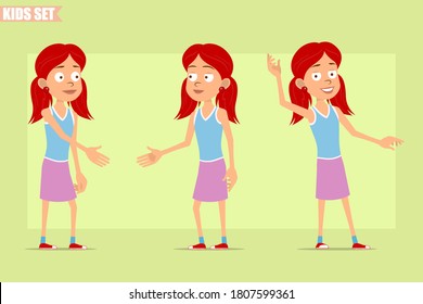 Cartoon flat funny little redhead girl character in violet skirt. Kid shaking hands and showing hello or bye gesture. Ready for animation. Isolated on green background. Vector set.