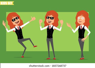 Cartoon flat funny little redhead girl character in business suit with red tie. Kid posing, showing muscles and thumbs up sign. Ready for animation. Isolated on green background. Vector set.