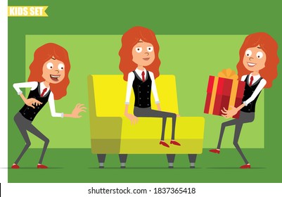 Cartoon flat funny little redhead girl characters in business suits with red ties. Kid sneaking, resting on sofa and carrying holiday gift. Ready for animation. Isolated on green background. Vector set.