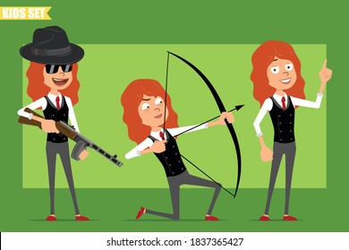 Cartoon Flat Funny Little Redhead Girl Characters In Business Suits With Red Ties. Kid Shooting An Automatic Rifle, Bow And Arrow And Another Pointing Finger Up In Air. Ready For Animation. Isolated On Green Background. Vector Set.