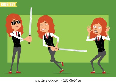 Cartoon flat funny little redhead girl characters in business suits with red ties. Scared kid, one holding and another running with asian swords. Ready for animation. Isolated on green background. Vector set.