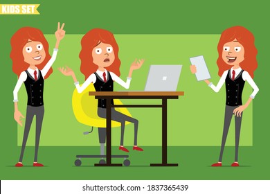 Cartoon flat funny little redhead girl characters in business suits with red ties. Kid working on laptop, reading note and showing peace sign. Ready for animation. Isolated on green background. Vector set.