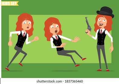 Cartoon Flat Funny Little Redhead Girl Characters In Business Suits With Red Ties. Kid Holding Revolver, Another Running And A Third Falling Backwards. Ready For Animation. Isolated On Green Background. Vector Set.