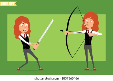 Cartoon Flat Funny Little Redhead Girl Characters In Business Suits With Red Ties. Kid Holding Asian Sword And Shooting Bow And Arrow. Ready For Animation. Isolated On Green Background. Vector Set.