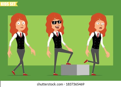 Cartoon flat funny little redhead girl characters in business suits with red ties. Successful, tired kid and another walking up podium. Ready for animation. Isolated on green background. Vector set.