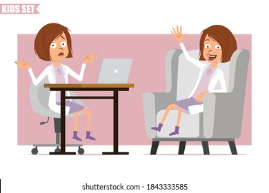 Cartoon flat funny little scientist doctor girl character in white uniform. Kid misunderstanding, working on laptop and resting on chair. Ready for animation. Isolated on pink background. Vector set.