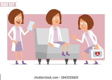 Cartoon flat funny little scientist doctor girl character in white uniform. Kid carrying medical first aid kit and reading paper note. Ready for animation. Isolated on pink background. Vector set.