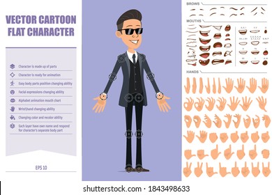 Cartoon flat funny mafia man character in black coat and sunglasses. Ready for animation. Face expressions, eyes, brows, mouth and hands easy to edit. Isolated on violet background. Big vector set.