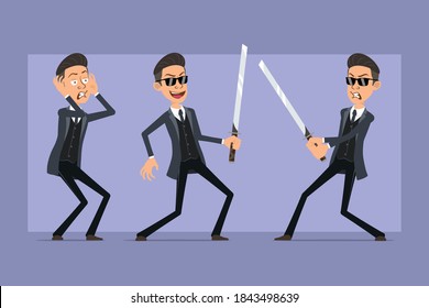 Cartoon flat funny mafia man character in black coat and sunglasses. Boy angry, holding and fighting with asian samurai sword. Ready for animation. Isolated on violet background. Vector set.