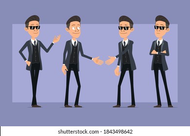 Cartoon flat funny mafia man character in black coat and sunglasses. Boy posing on photo and shaking hands. Ready for animation. Isolated on violet background. Vector set.