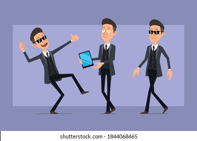 Cartoon Flat Funny Mafia Man Character In Black Coat And Sunglasses. Boy Walking, Holding Smart Tablet And Showing Thumbs Up Sign. Ready For Animation. Isolated On Violet Background. Vector Set.