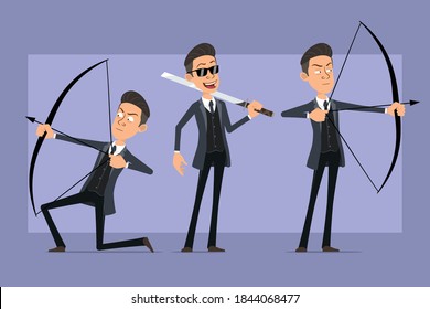 Cartoon Flat Funny Mafia Man Character In Black Coat And Sunglasses. Boy Holding Asian Sword And Shooting From Bow With Arrow. Ready For Animation. Isolated On Violet Background. Vector Set