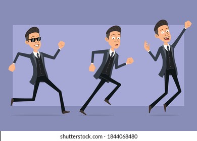 Cartoon flat funny mafia man character in black coat and sunglasses. Boy running fast forward and jumping up. Ready for animation. Isolated on violet background. Vector set.