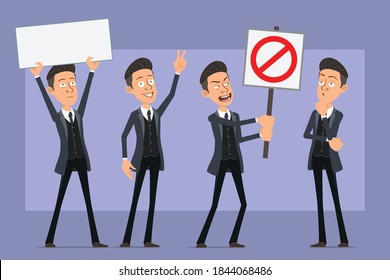 Cartoon flat funny mafia man character in black coat and sunglasses. Boy showing peace sign and holding no entry stop sign. Ready for animation. Isolated on violet background. Vector set.