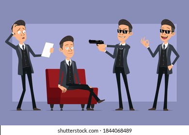 Cartoon flat funny mafia man character in black coat and sunglasses. Boy shooting from pistol, reading note and resting. Ready for animation. Isolated on violet background. Vector set.