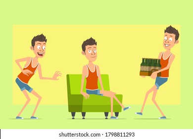 Cartoon flat funny man character in singlet and shorts. Boy sneaking, resting and carrying box of beer. On yellow background.