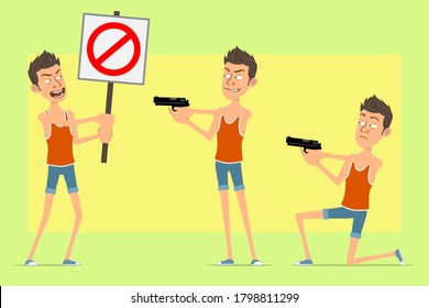 Caricatura de hombre gracioso y plano en singlet y pantalones cortos. Niño disparando desde una pistola y sin sostener ninguna señal de parada de entrada. En el fondo amarillo.