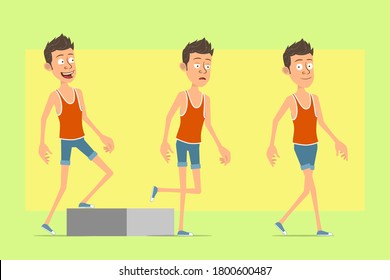 Cartoon flat funny man character in singlet and shorts. Successful tired boy walking up to his goal. On yellow background.