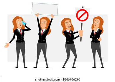 Cartoon flat funny redhead business woman character in black suit with red tie. Girl talking on phone and holding no entry stop sign. Ready for animation. Isolated on gray background. Vector set.