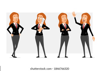 Cartoon flat funny redhead business woman character in black suit with red tie. Girl thinking, holding newspaper and showing welcome sign. Ready for animation. Isolated on gray background. Vector set.