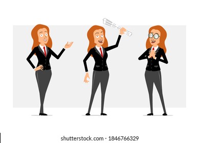 Cartoon flach lustige redhead Geschäftsfrau Figur in schwarzem Anzug mit roter Krawatte. Mädchen posieren auf Foto und halten Zeitung. Bereit für Animation. Einzeln auf grauem Hintergrund. Vektorset.