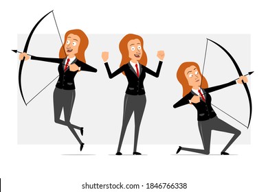 Cartoon Flat Funny Redhead Business Woman Character In Black Suit With Red Tie. Girl Showing Muscles, Shooting From Bow And Arrow. Ready For Animation. Isolated On Gray Background. Vector Set.