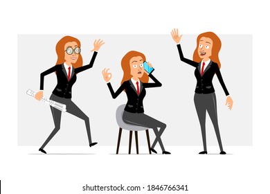 Cartoon flat funny redhead business woman character in black suit with red tie. Girl walking with newspaper and talking on phone. Ready for animation. Isolated on gray background. Vector set.