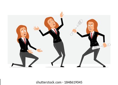 Cartoon flat funny redhead bussines woman character in black suit with red tie. Girl fighting, falling back and standing on knee. Ready for animation. Isolated on gray background. Vector set.