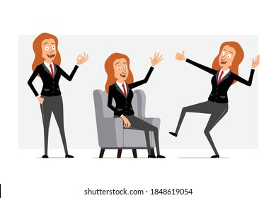 Cartoon flat funny redhead bussines woman character in black suit with red tie. Girl resting, showing thumbs up and okay gesture. Ready for animation. Isolated on gray background. Vector set.
