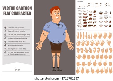Cartoon flat funny redhead fat boy character in blue shirt. Ready for animations. Face expressions, eyes, brows, mouth and hands easy to edit. Isolated on gray background. Big vector icon set.