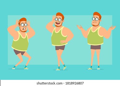 Cartoon flat funny redhead fat boy character in glasses, singlet and shorts. Boy misunderstanding, posing, scared and angry. Ready for animation. Isolated on blue background. Vector set.