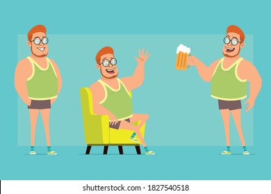 Cartoon flat funny redhead fat boy character in glasses, singlet and shorts. Boy resting, showing hello gesture and holding mug with beer. Ready for animation. Isolated on blue background. Vector set.