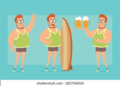 Cartoon flat funny redhead fat boy character in glasses, singlet and shorts. Boy showing peace sign, holding surfboard and two beer mugs. Ready for animation. Isolated on blue background. Vector set.