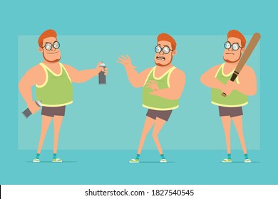 Cartoon flat funny redhead fat boy character in glasses, singlet and shorts. Boy scared, standing with spray can and holding baseball bat. Ready for animation. Isolated on blue background. Vector set.