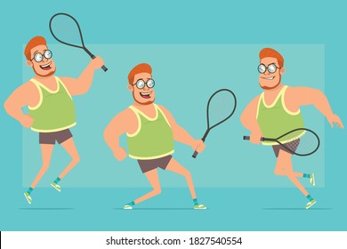 Cartoon flat funny redhead fat boy character in glasses, singlet and shorts. Boy jumping, running and playing with tennis racket. Ready for animation. Isolated on blue background. Vector set.