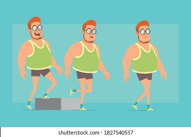 Cartoon flat funny redhead fat boy character in glasses, singlet and shorts. Successful tired boy walking up to his goal. Ready for animation. Isolated on blue background. Vector set.