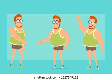 Cartoon flat funny redhead fat boy character in glasses, singlet and shorts. Boy shaking hands and showing hello or bye gesture. Ready for animation. Isolated on blue background. Vector set.