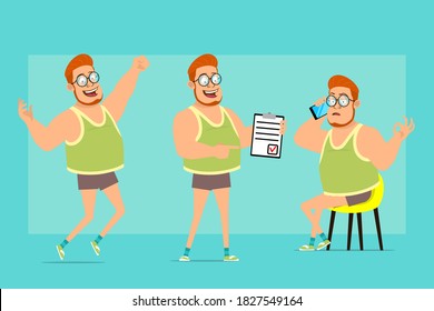 Cartoon flat funny redhead fat boy character in glasses, singlet and shorts. Boy talking on phone, showing to do list and okay sign. Ready for animation. Isolated on blue background. Vector set.