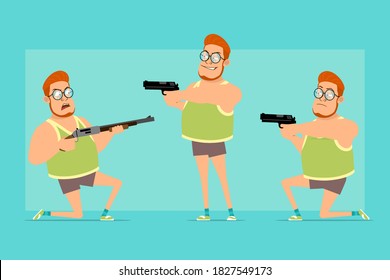 Cartoon flat funny redhead fat boy character in glasses, singlet and shorts. Evil boy shooting from shotgun and pistol. Ready for animation. Isolated on blue background. Vector set.
