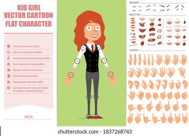 Cartoon flat funny redhead girl character in business suit with red tie. Ready for animation. Face expressions, eyes, brows, mouth and hands easy to edit. Isolated on green background. Vector set.