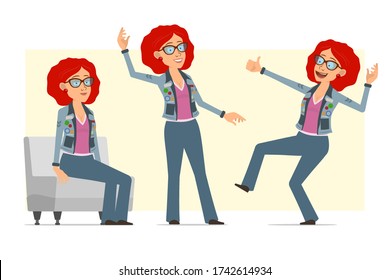 Cartoon flat funny redhead hippie woman character in glasses and jeans jacket. Ready for animation. Girl resting, dancing and showing thumbs up gesture. Isolated on yellow background. Vector set.