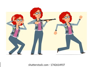 Cartoon flat funny redhead hippie woman character in glasses and jeans jacket. Ready for animation. Girl running and shooting from shotgun. Isolated on yellow background. Vector set.